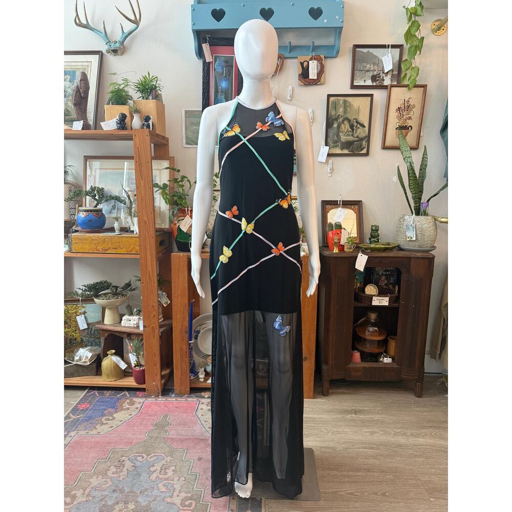 1990s Caché Butterfly Mesh Halter Formal Dress
